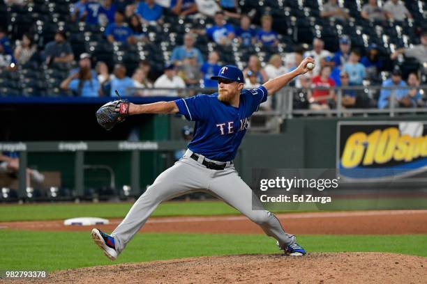 Jake Diekman of the Texas Rangers throws against the Kansas City Royals at Kauffman Stadium on June 20, 2018 in Kansas City, Missouri.