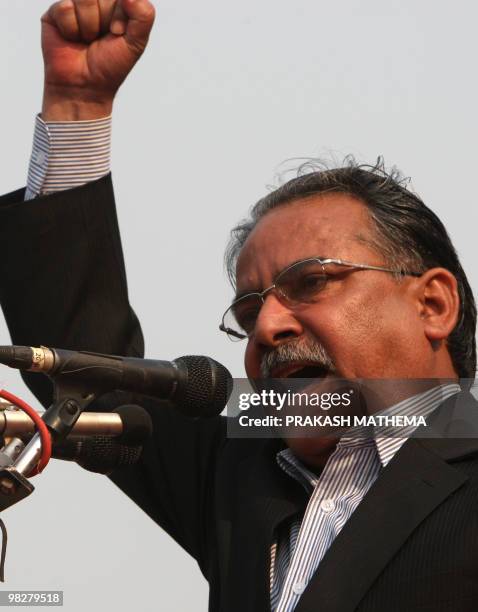 Unified Communist Party of Nepal Chairman Pushpa Kamal Dahal, also known as 'Prachanda', addresses supporters at a mass meeting to mark the...