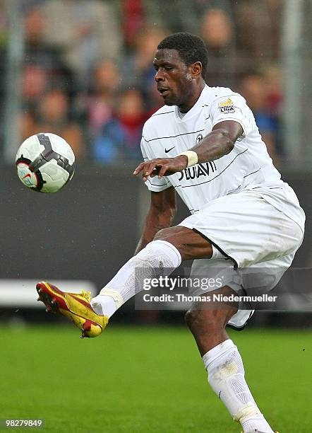 Mohamadou Idrissou of Freiburg in action with the ball during the Bundesliga match between SC Freiburg and VfL Bochum at Badenova Stadium on April 3,...