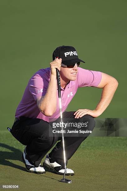 Hunter Mahan looks over a green during a practice round prior to the 2010 Masters Tournament at Augusta National Golf Club on April 6, 2010 in...
