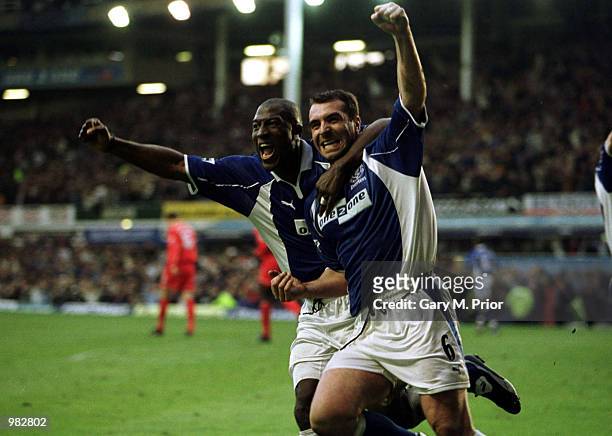 David Unsworth of Everton celebrates after scoring with a penalty during the Everton v Liverpool FA Carling Premiership match at Goodison Park,...