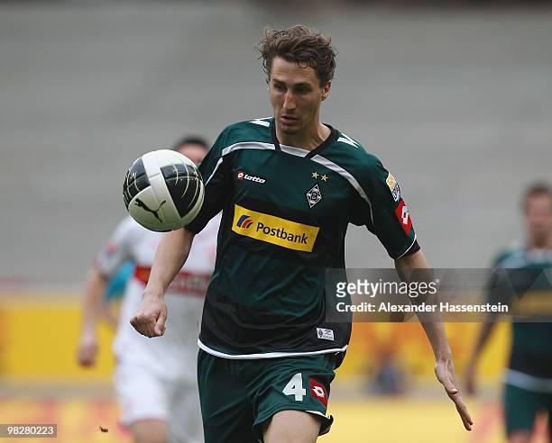 Roel Brouwers of Gladbach runs with the ball during the Bundesliga match between VfB Stuttgart and Borussia Moenchengladbach at Mercedes-Benz Arena...