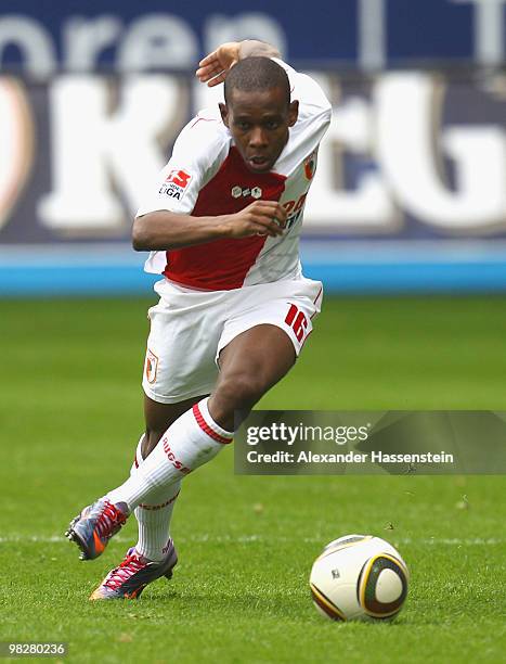 Ibrahima Traore of Augsburg runs with the ball during the Second Bundesliga match between FC Augsburg and SpVgg Greuther Fuerth at Impuls Arena on...