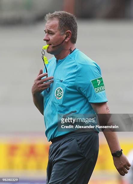 Referee Dr. Helmut Fleischer looks on during the Bundesliga match between VfB Stuttgart and Borussia Moenchengladbach at Mercedes-Benz Arena on April...