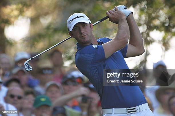 Dustin Johnson plays a shot during a practice round prior to the 2010 Masters Tournament at Augusta National Golf Club on April 6, 2010 in Augusta,...