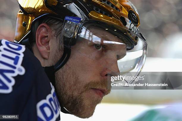 Stefan Ustorf of Berlin looks on during the fourth DEL quarter final play-off game between Augsburger Panther and Eisbaeren Berlin at...