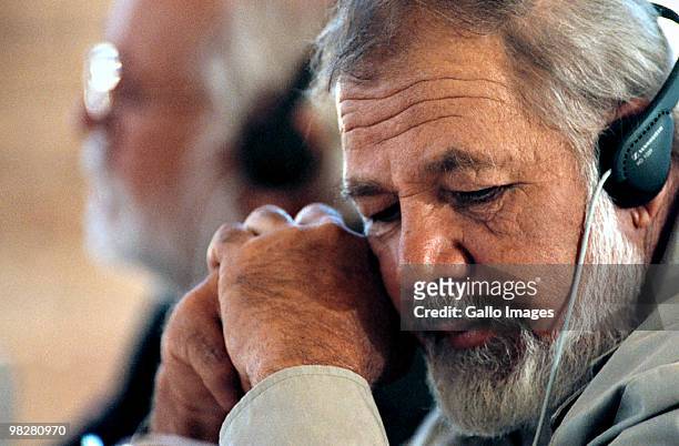 South African right wing extremist and leader of the Afrikaner movement the AWB, Eugene Terre'Blanche, at a press conference on May 11, 1999 in South...