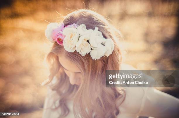 young girl (16-17) with band of flowers in her hair - colour enhanced stock pictures, royalty-free photos & images