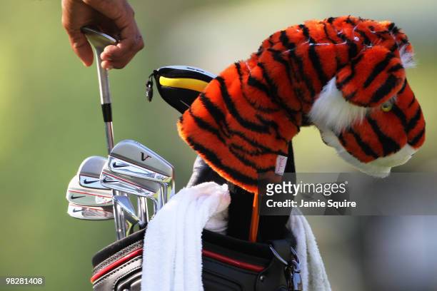 Tiger Woods pulls a club during a practice round prior to the 2010 Masters Tournament at Augusta National Golf Club on April 6, 2010 in Augusta,...