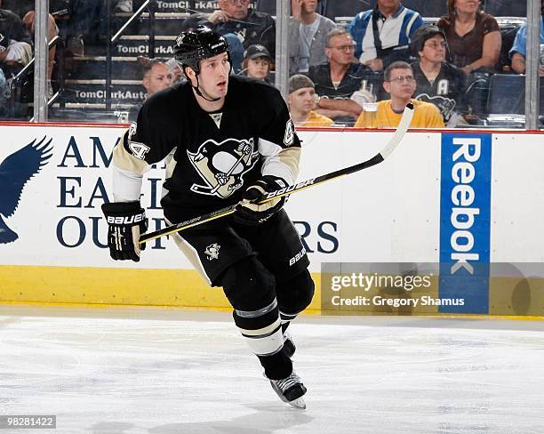 Brooks Orpik of the Pittsburgh Penguins skates up ice against the Atlanta Thrashers on April 3, 2010 at Mellon Arena in Pittsburgh, Pennsylvania.