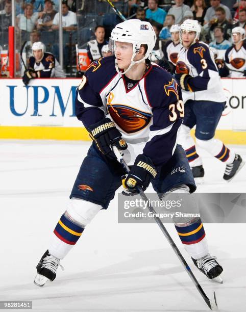 Tobias Enstrom of the Atlanta Thrashers skates against the Pittsburgh Penguins on April 3, 2010 at Mellon Arena in Pittsburgh, Pennsylvania.