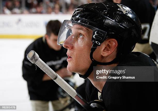 Mark Eaton of the Pittsburgh Penguins looks on during the game against the Atlanta Thrashers on April 3, 2010 at Mellon Arena in Pittsburgh,...