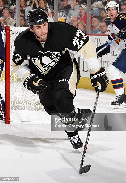 Craig Adams of the Pittsburgh Penguins skates against the Atlanta Thrashers on April 3, 2010 at Mellon Arena in Pittsburgh, Pennsylvania.