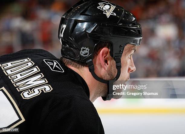 Craig Adams of the Pittsburgh Penguins skates against the Atlanta Thrashers on April 3, 2010 at Mellon Arena in Pittsburgh, Pennsylvania.