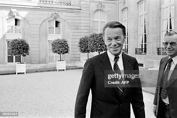 Albin Chalandon, dirigeant d'Elf Aquitaine, quitte le palais de l'Elysée, le 2 Août 1977, à Paris.