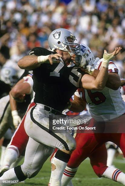 Defensive Tackle Howie Long of the Los Angeles Raiders plays tries to get around offensive tackle Tom Rehder of the New England Patriots November 26,...