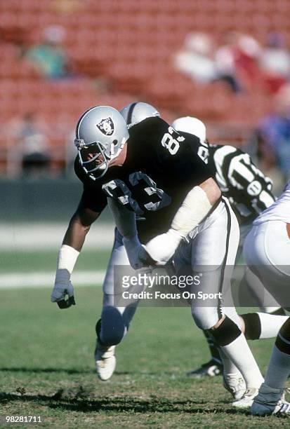 S: Linebacker Ted Hendricks of the Los Angeles Raiders plays against the Denver Broncos circa early 1980's during an NFL football game at the Los...