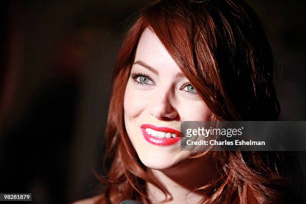 Actress Emma Stone attends the Cinema Society with UGG & Suffolk County Film Commission host a screening of "Paper Man" at the Crosby Street Hotel on...