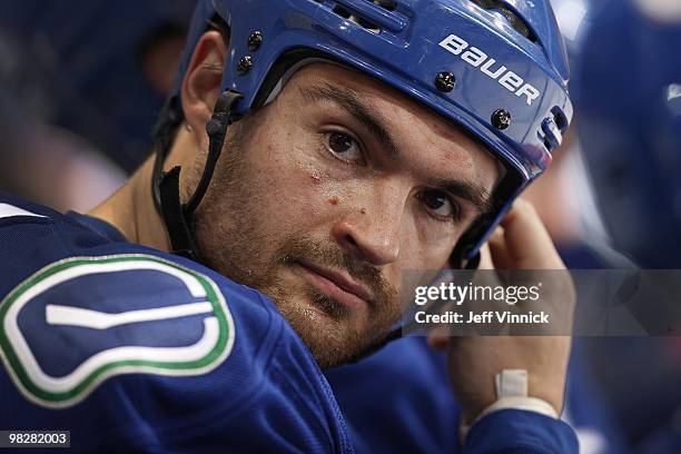Darcy Hordichuk of the Vancouver Canucks looks on from the bench during their game against the Minnesota Wild at General Motors Place on April 4,...