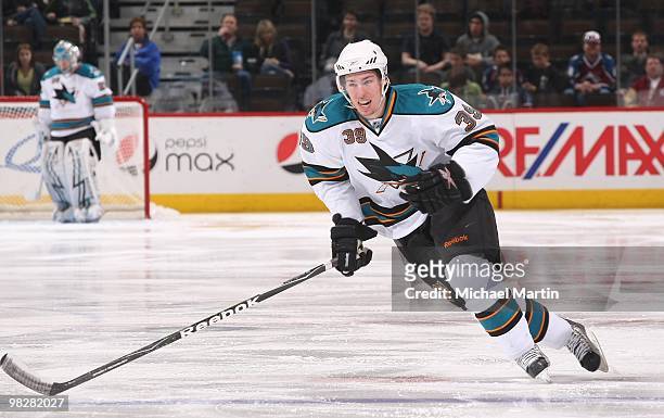 Logan Couture of the San Jose Sharks skates against the Colorado Avalanche at the Pepsi Center on April 4, 2010 in Denver, Colorado. The Avalanche...