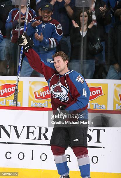 John-Michael Liles of the Colorado Avalanche was named the first star of the game against the San Jose Sharks at the Pepsi Center on April 4, 2010 in...
