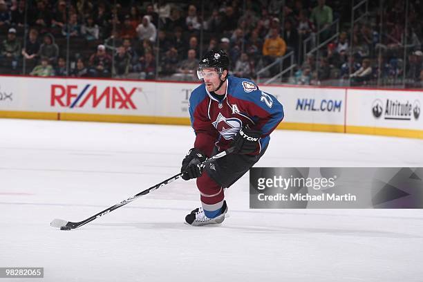 Milan Hejduk of the Colorado Avalanche skates against the San Jose Sharks at the Pepsi Center on April 4, 2010 in Denver, Colorado. The Avalanche...
