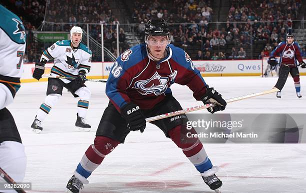 Paul Stastny of the Colorado Avalanche skates against the San Jose Sharks at the Pepsi Center on April 4, 2010 in Denver, Colorado. The Avalanche...