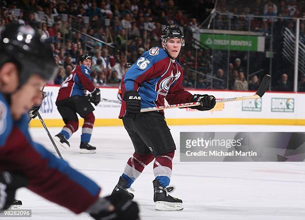 Paul Stastny of the Colorado Avalanche skates against the San Jose Sharks at the Pepsi Center on April 4, 2010 in Denver, Colorado. The Avalanche...