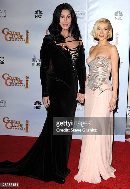 Singer/actress Cher and singer Christina Aguilera attends the 67th Annual Golden Globes Awards at The Beverly Hilton Hotel on January 17, 2010 in...