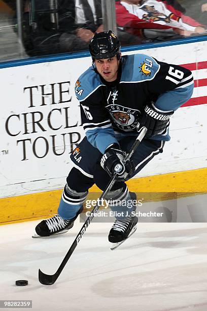 Nathan Horton of the Florida Panthers skates with the puck against the New York Rangers at the BankAtlantic Center on April 3, 2010 in Sunrise,...