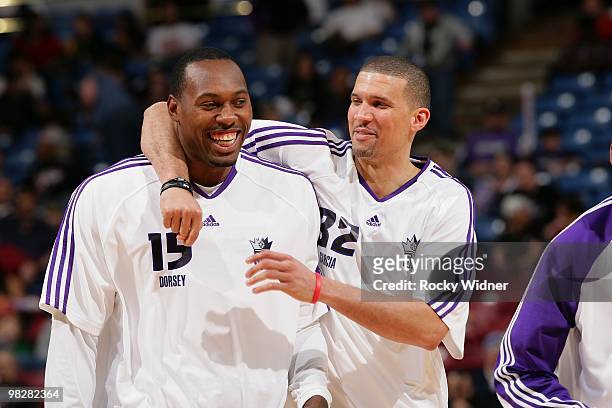 Joey Dorsey and Francisco Garcia of the Sacramento Kings share a laugh before the game against the Minnesota Timberwolves on March 14, 2010 at ARCO...
