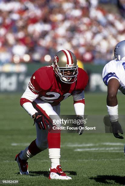 Defensive back Dion Sanders of the San Francisco 49ers plays against the Dallas Cowboys November 13, 1994 during an NFL football game at Candlestick...