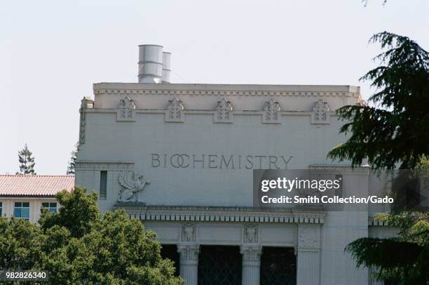 Close-up of facade of biochemistry building on the campus of UC Berkeley in Berkeley, California, May 21, 2018.