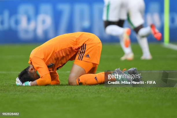 Eiji Kawashima of Japan reacts after conceding the first goal to Japan during the 2018 FIFA World Cup Russia group H match between Japan and Senegal...