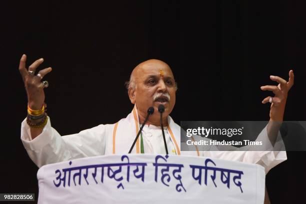 Former Vishwa Hindu Parishad leader Pravin Togadia speaks during the launch of his new outfit International Hindu Council at Sri Fort Auditorium, on...