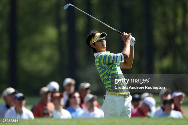 Ryo Ishikawa of Japan hits a shot during a practice round prior to the 2010 Masters Tournament at Augusta National Golf Club on April 6, 2010 in...