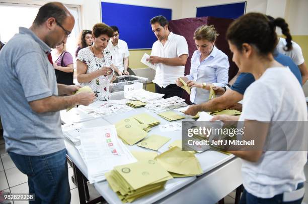 Votes are counted in the Turkish election in a polling stations as voting closes on June 24, 2018 in Istanbul, Turkey. Turkey's President Recep...