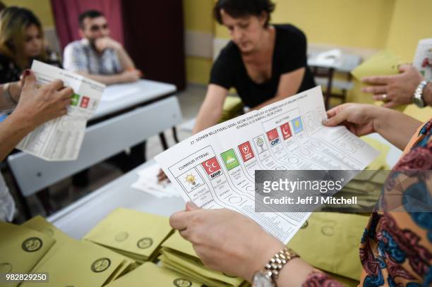 Ballot papers are counted in the Turkish election in a polling stations as voting closes on June 24, 2018 in Istanbul, Turkey. Turkey's President...