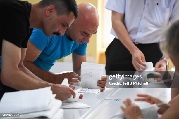 Votes are counted in the Turkish election in a polling stations as voting closes on June 24, 2018 in Istanbul, Turkey. Turkey's President Recep...