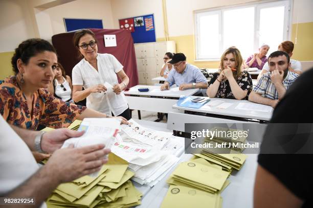 Votes are counted in the Turkish election in a polling stations as voting closes on June 24, 2018 in Istanbul, Turkey. Turkey's President Recep...