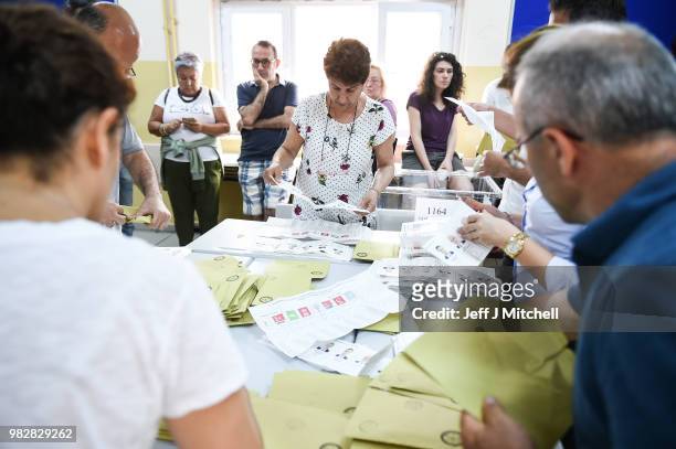 Votes are counted in the Turkish election in a polling stations as voting closes on June 24, 2018 in Istanbul, Turkey. Turkey's President Recep...