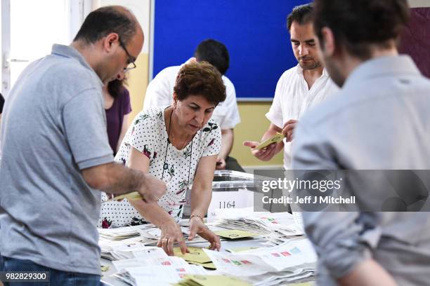 Ballot papers are counted in the Turkish election in a polling stations as voting closes on June 24, 2018 in Istanbul, Turkey. Turkey's President...