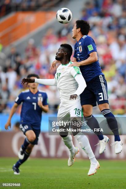 Gen Shoji of Japan wins a header over Mbaye Niang of Senegal during the 2018 FIFA World Cup Russia group H match between Japan and Senegal at...
