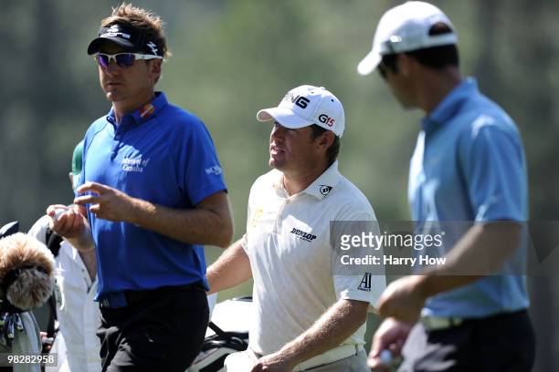 Ian Poulter Lee Westwood and Paul Casey of England walk off a green during a practice round prior to the 2010 Masters Tournament at Augusta National...