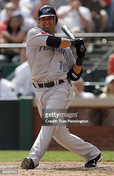 Right fielder Jose Bautista of the Toronto Blue Jays bats against the Texas Rangers on Opening Day at Rangers Ballpark on April 5, 2010 in Arlington,...