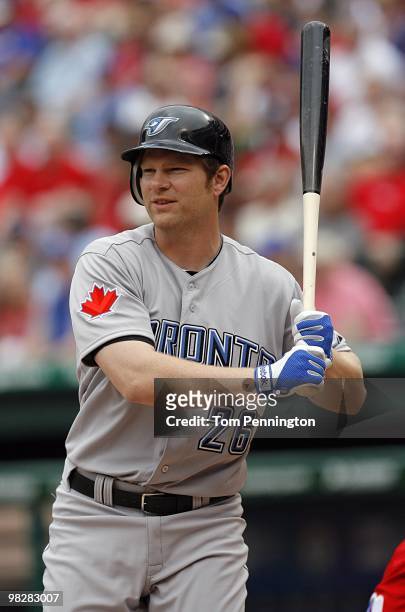 Designated hitter Adam Lind of the Toronto Blue Jays steps to the plate against the Texas Rangers on Opening Day at Rangers Ballpark on April 5, 2010...
