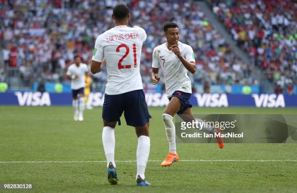 Jesse Lingard of England celebrates after scoring his sides third goal goal during the 2018 FIFA World Cup Russia group G match between England and...