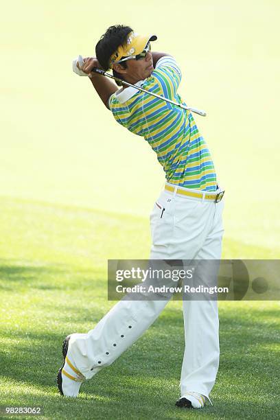 Ryo Ishikawa of Japan hits a shot during a practice round prior to the 2010 Masters Tournament at Augusta National Golf Club on April 6, 2010 in...
