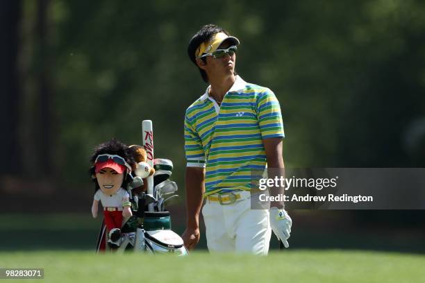 Ryo Ishikawa of Japan looks on during a practice round prior to the 2010 Masters Tournament at Augusta National Golf Club on April 6, 2010 in...