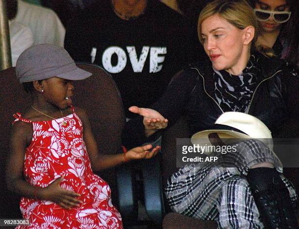 Artist Madonna plays with her adopted daughter Mercy James during a visit to Gumulira Millenium villages in Mchinji, west of the capital, Lilongwe,...